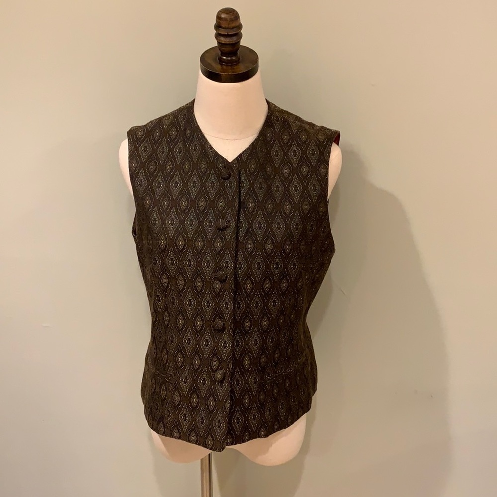 Rena Rowan For Saville brown wool blend Tuxedo Vest Sleeveless Top
